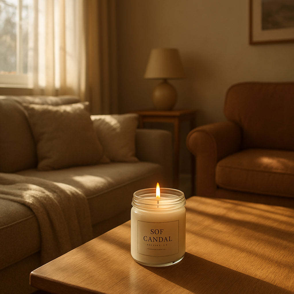 A cozy living room with a soy candle on a wooden table, soft sunlight filtering through a window. Alt: Soy candle on a wooden table in a sunlit living room
