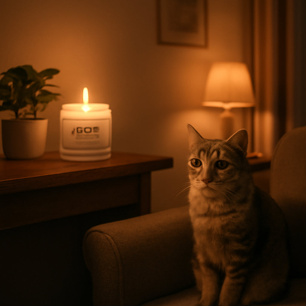 A cozy living room scene with a lit soy candle on a high shelf, a cat perched safely on a nearby chair, warm ambient lighting, and a small plant. Alt: soy candle ingredients safe for cats, cat-friendly home ambience