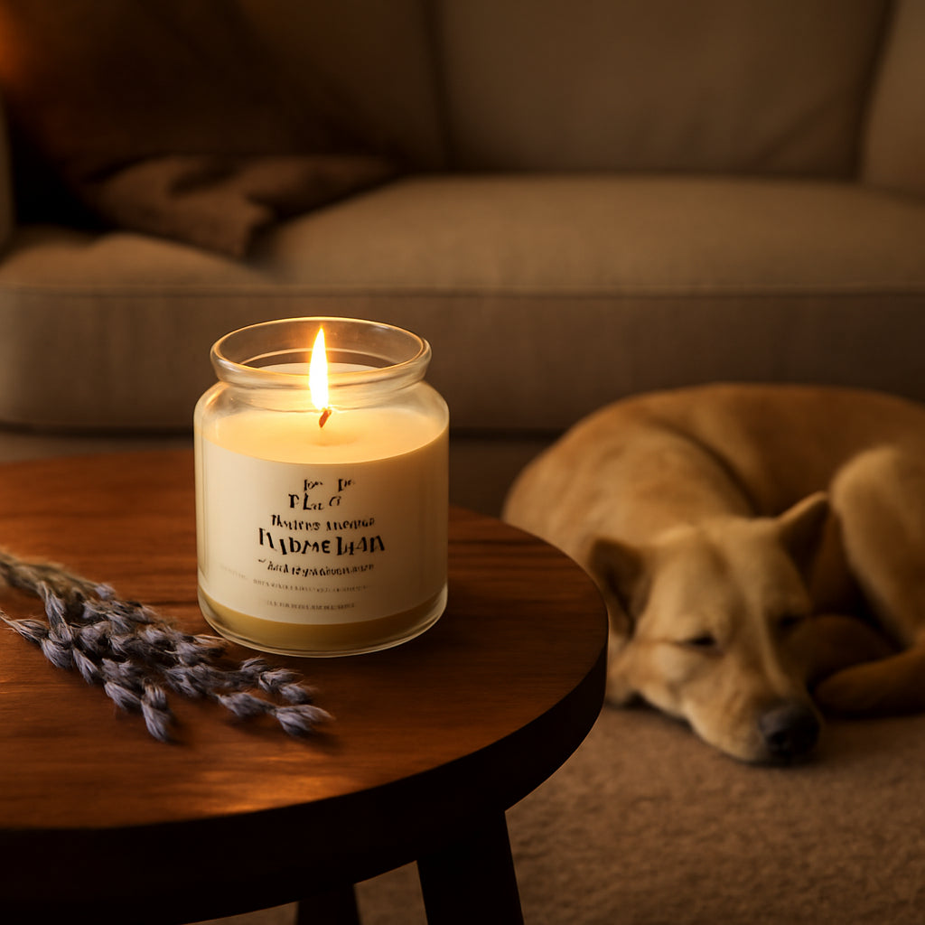 A cozy living room scene with a soy candle on a wooden side table, a sleepy dog curled up nearby, soft ambient lighting, and a subtle hint of lavender scent. Alt: Soy candle ingredients and dog safety guide image