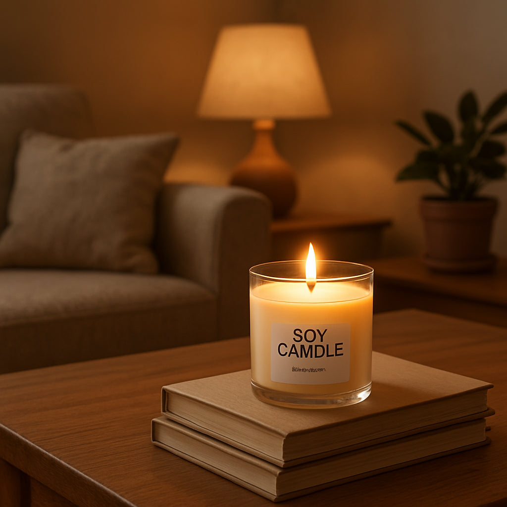 A cozy living room corner with a lit soy candle on a wooden table, soft amber light spilling onto a stack of books. Alt: soy candle ingredients and clean burn illustration.