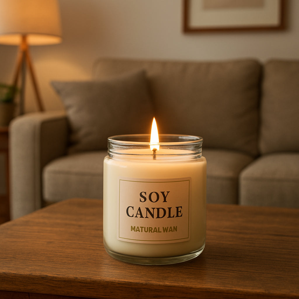 A cozy living room with a soy candle glowing on a wooden coffee table, highlighting the natural wax and reusable glass jar. Alt: bath and body works candle alternatives natural soy candle