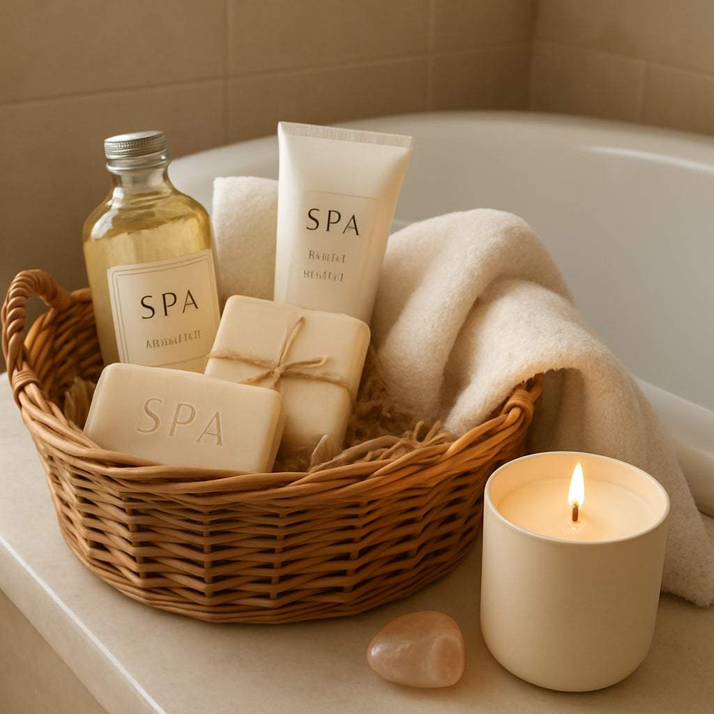 A cozy bathroom scene with a wooden basket filled with a luxury spa bath gift set, a soy candle with a gemstone top, and a plush towel draped over the tub. Alt: Luxury spa bath gift set near you, perfect holiday gift idea.