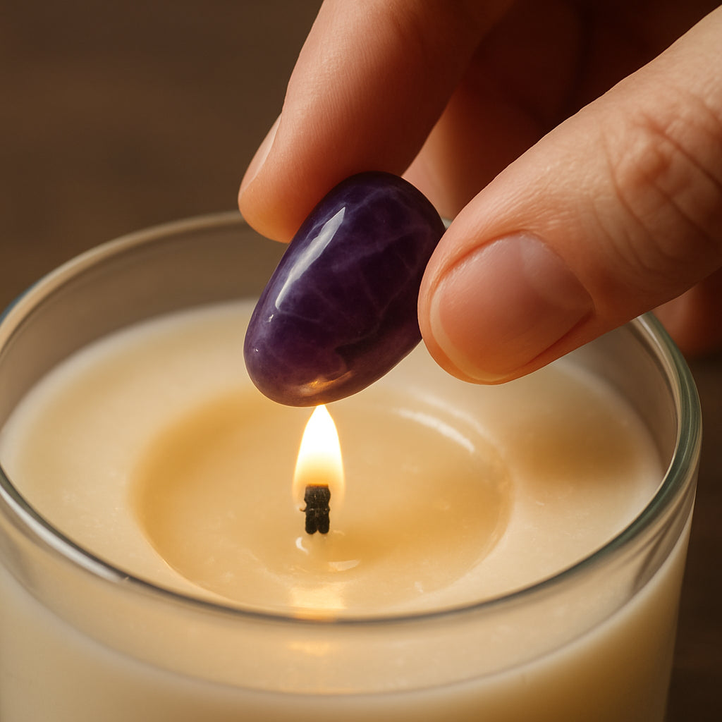 A close‑up of a hand placing a smooth amethyst chip into a half‑melted soy candle, the wax shimmering around the stone. Alt: "Choosing the right crystal for candle embedding".
