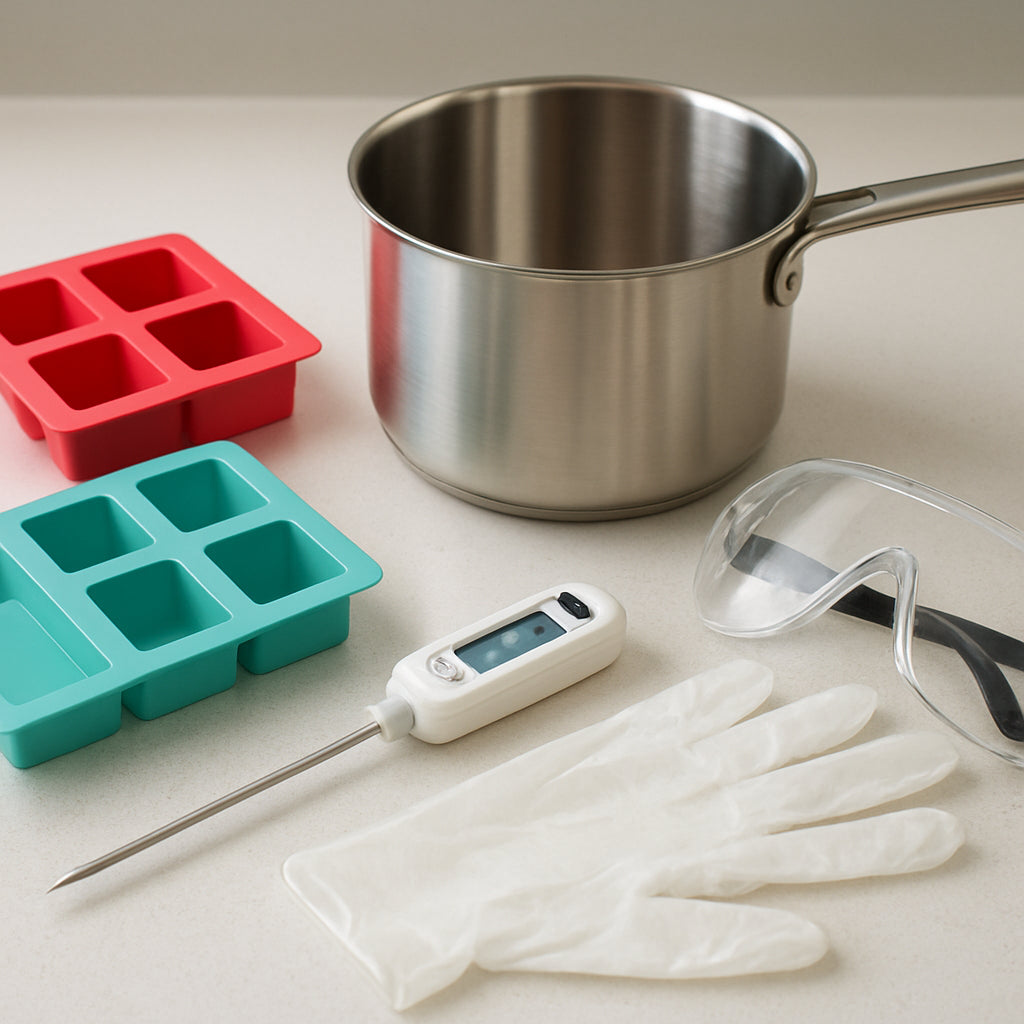 A modern soap‑making station with a digital thermometer, stainless steel pot, silicone molds, and safety gear neatly arranged on a clean countertop. Alt: Soap‑making equipment for safe temperature control.