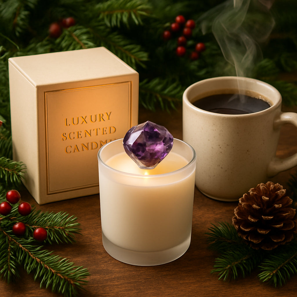 A beautifully styled holiday scene featuring a luxury scented candle set with a gemstone-topped glass, surrounded by festive greenery and a steaming mug of coffee. Alt: luxury candle gift set with gemstone and coffee pairing