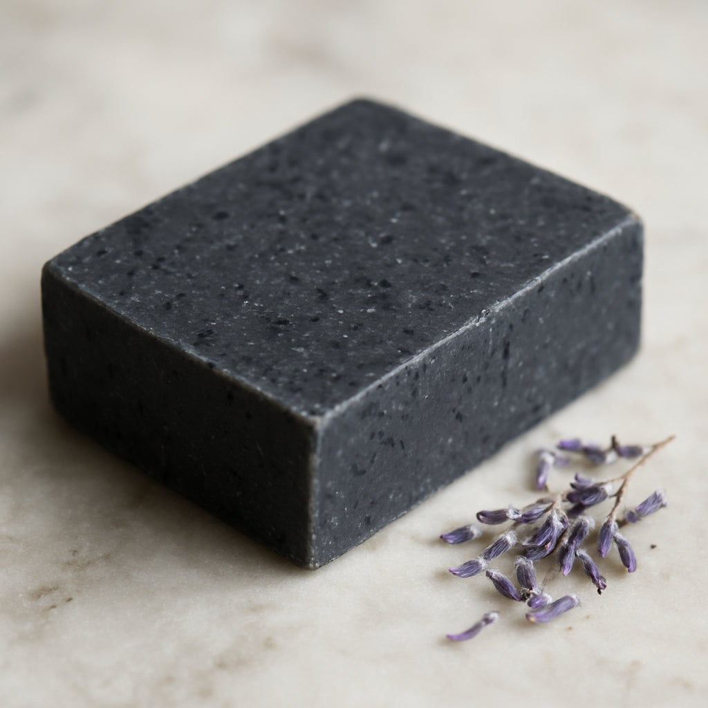 A close‑up of a handcrafted charcoal soap bar on a marble countertop, with soft lighting highlighting its dark specks and a hint of lavender petals nearby. Alt: charcoal soap bar for face, natural skincare, eco‑friendly soap.
