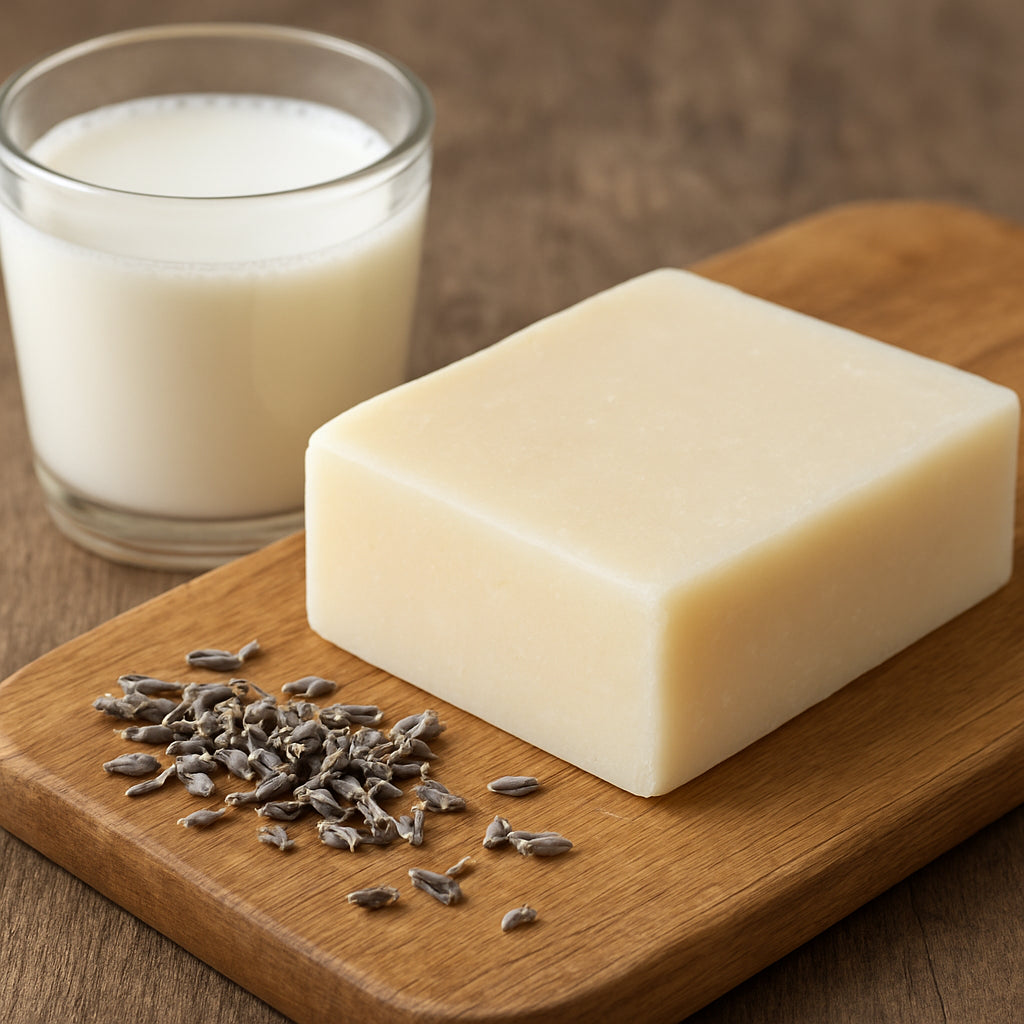 A close‑up of a creamy goat milk soap bar resting on a wooden cutting board beside fresh goat milk and lavender buds. Alt: goat milk soap for dry skin moisturizing bar with natural ingredients.