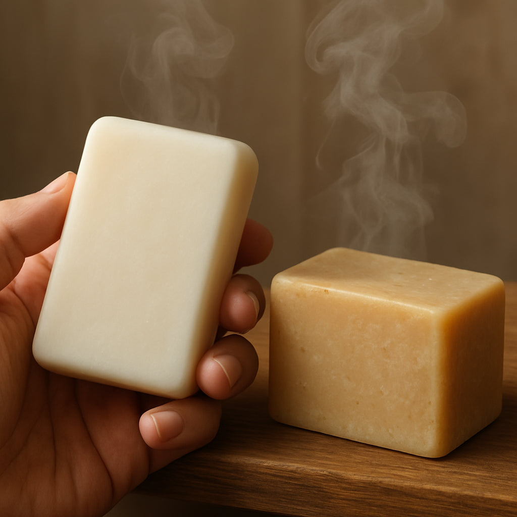 A close‑up of a hand holding a smooth goat milk soap bar next to a rich shea butter soap bar, both with gentle steam rising, set on a wooden bathroom shelf. Alt: goat milk soap vs shea butter soap skin benefits comparison