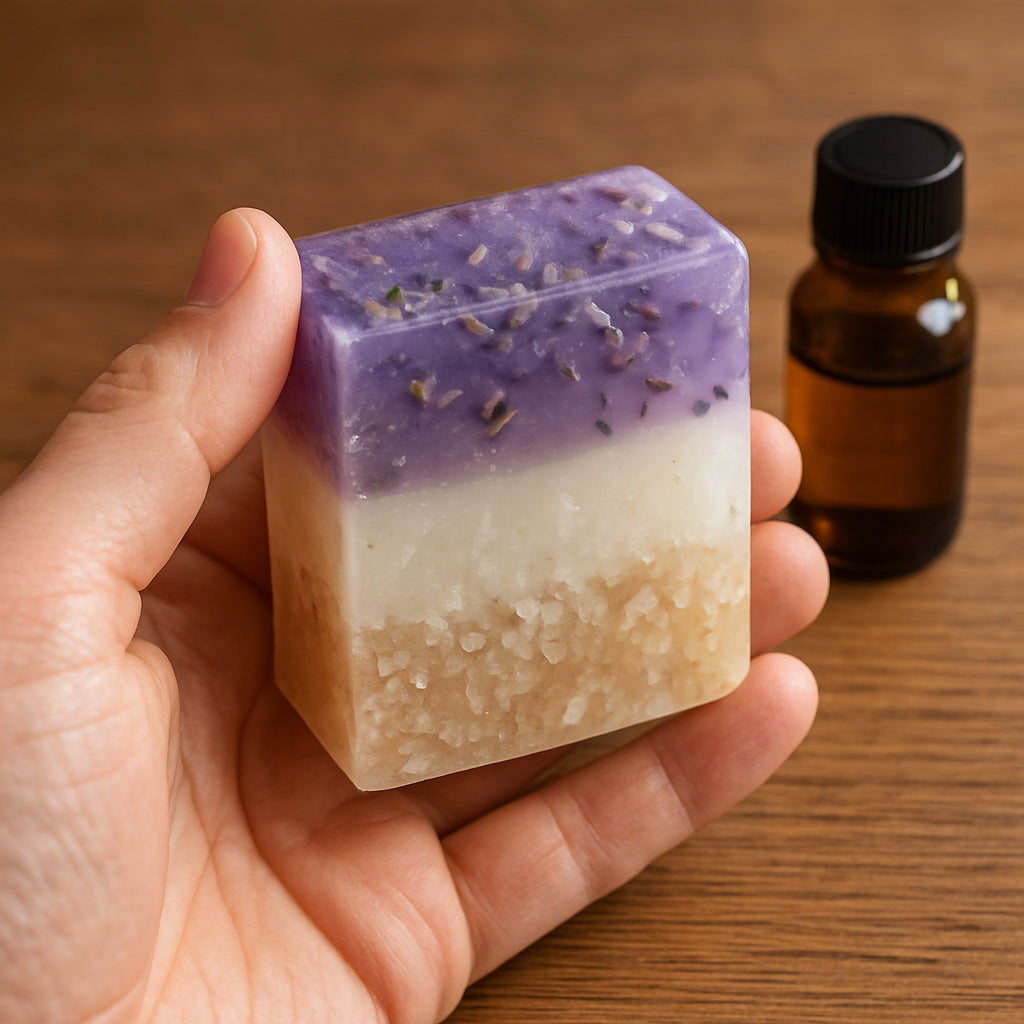 A hand holding a translucent bar of soap with visible layers of lavender and sea salt, placed on a wooden countertop with a small bottle of essential oil. Alt: Natural handmade soap with botanical ingredients
