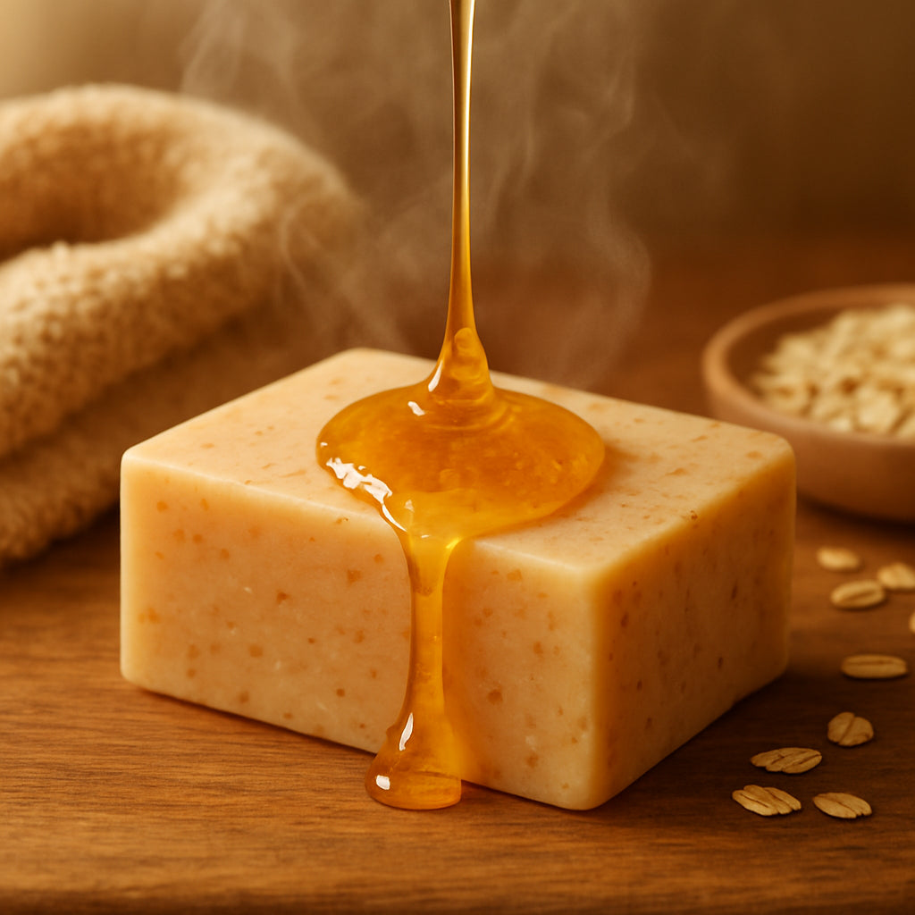A warm bathroom scene with a honey oatmeal soap bar, steam rising, close-up of honey drizzle on the soap. Alt: honey oatmeal soap benefits illustration.
