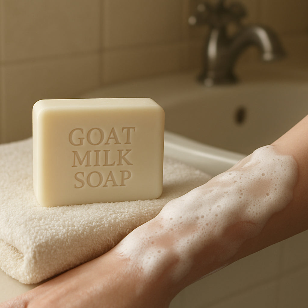 A serene bathroom scene with a bar of goat milk soap and a soft towel, highlighting the creamy lather on sensitive skin. Alt: goat milk soap for sensitive skin