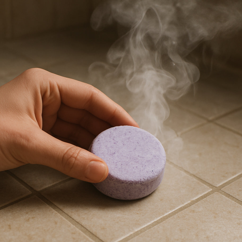 A close‑up of a hand holding a lavender shower steamer on a tiled shower floor, steam swirling around it. Alt: Lavender shower steamer ingredients and steam diffusion illustration.