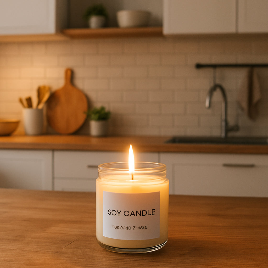 A cozy kitchen setting with a soy candle on a wooden table, soft glow, modern decor. Alt: Warm soy candle lighting a kitchen scene.