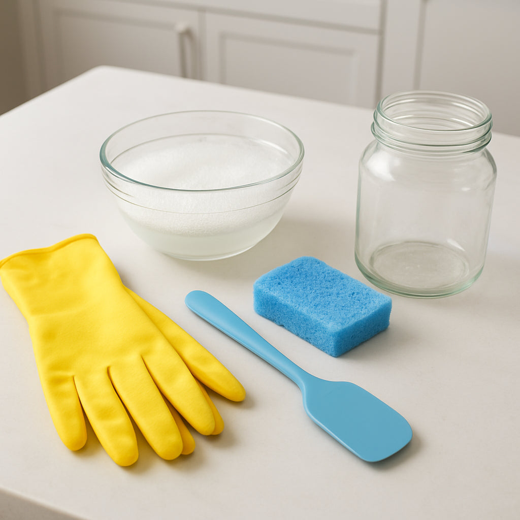 A bright kitchen countertop with all cleaning tools laid out—gloves, silicone spatula, soft sponge, bowl of warm soapy water, and a candle jar ready to be cleaned. Alt: How to clean candle jar with tools and safety gear.