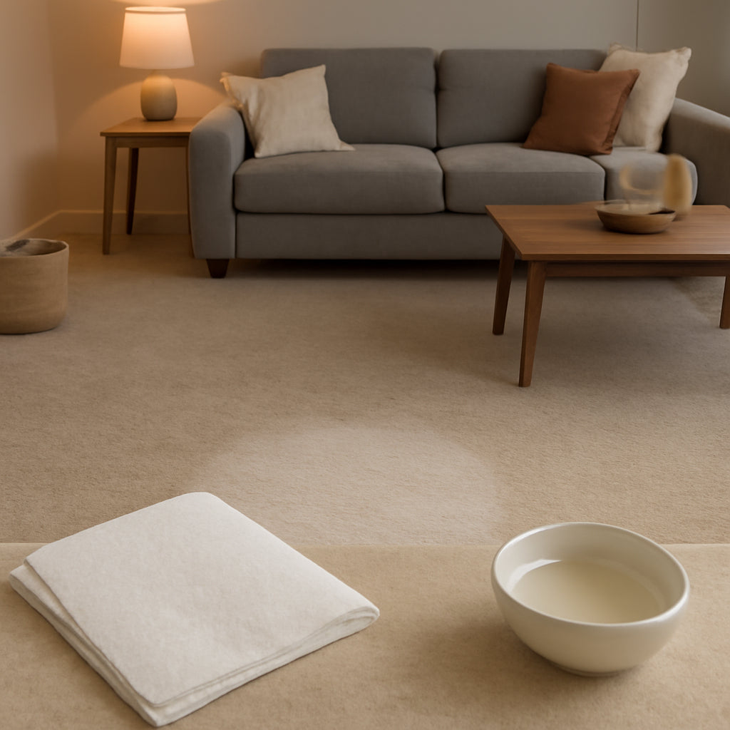 A cozy living room with a clean rug after wax removal, a paper towel and a small bowl of warm water on a kitchen counter. Alt: Clean carpet after candle wax removal.
