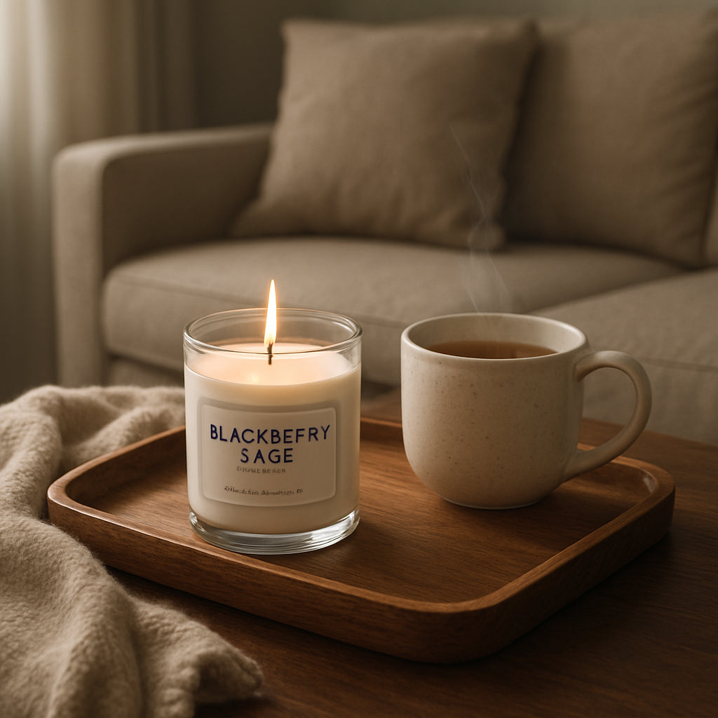 A cozy living room tabletop featuring a freshly poured blackberry sage candle in a clear glass jar, surrounded by a handcrafted wooden tray, a steaming cup of herbal tea, and a soft blanket. Alt: blackberry sage candle on wooden tray in home décor.