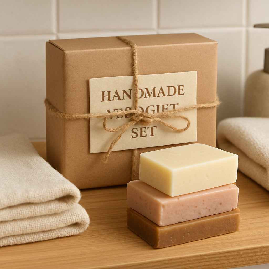 A cozy bathroom shelf with a beautifully arranged handmade soap gift set, featuring three artisan soap bars, cambric mitts, and elegant recycled paper packaging. Alt: handmade soap gift set displayed on bathroom shelf