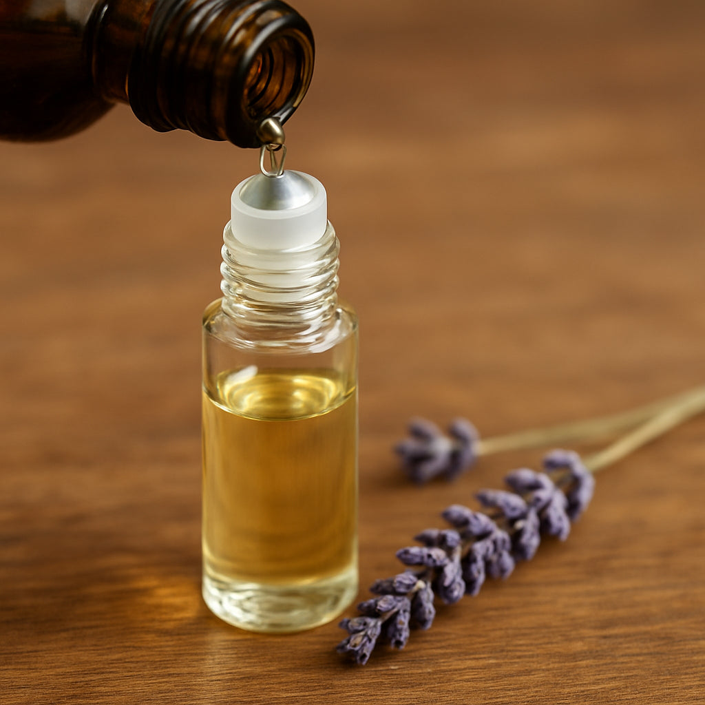 A close‑up of a glass roll‑on bottle being filled with lavender and bergamot essential oils, set on a wooden tabletop with a sprig of lavender beside it. Alt: essential oil roll on for anxiety lavender bergamot blend.
