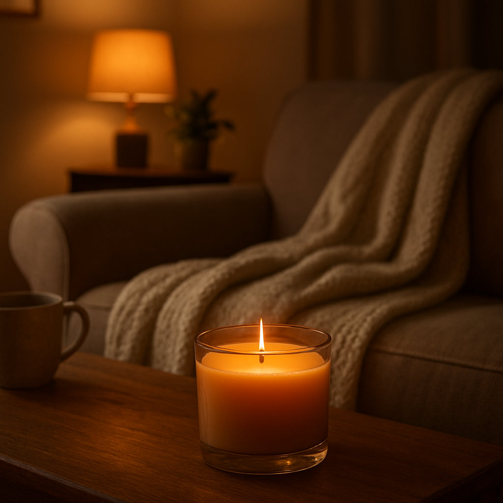 A cozy living room scene with a lit gemstone wood‑wick candle, soft ambient lighting, and a warm blanket draped over a chair. Alt: Evenly melted candle with no tunnel, creating a relaxing atmosphere.
