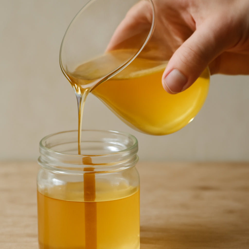 A close‑up of a hand pouring melted soy‑beeswax blend into a glass jar, with a small wooden wick already placed. Alt: Hand pouring candle wax into jar