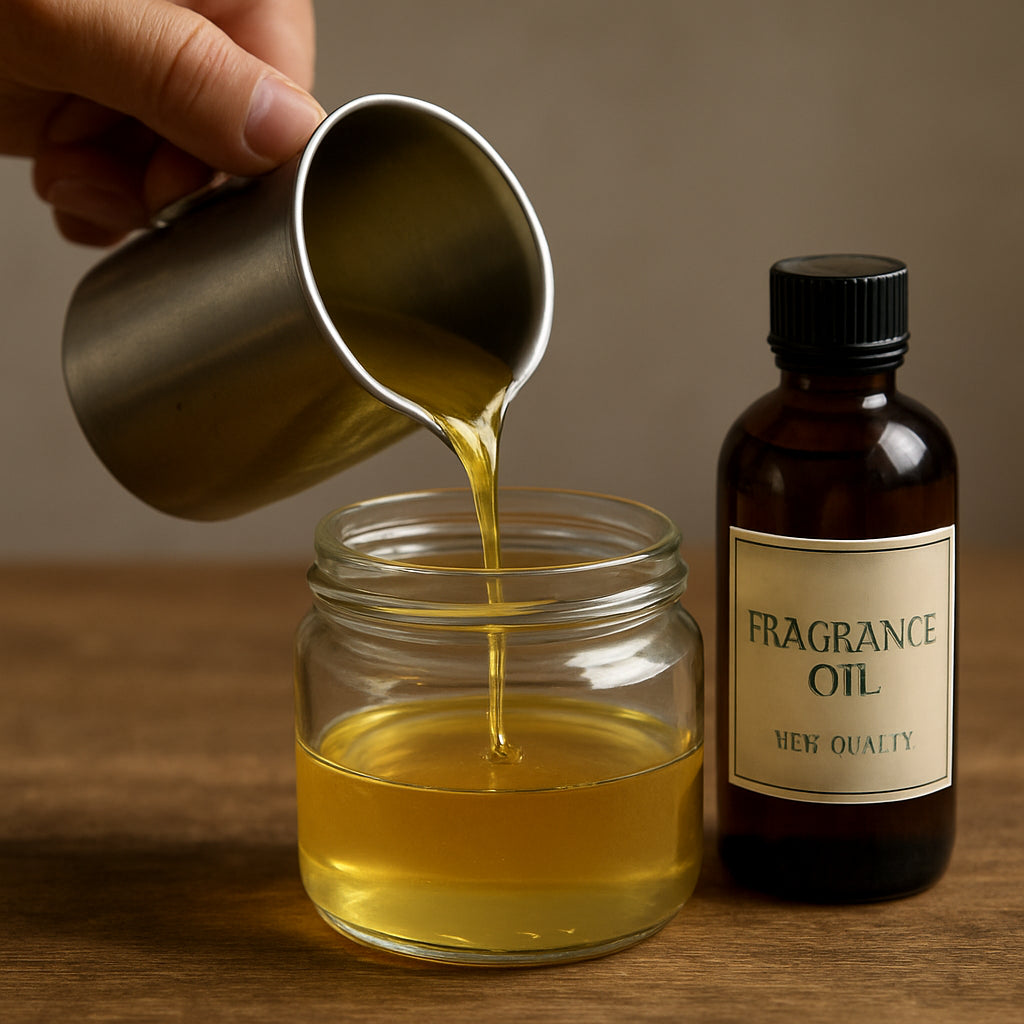 A close‑up of a hand pouring melted wax into a glass jar, with a bottle of high‑quality fragrance oil beside it. Alt: Choosing high‑quality fragrance oils for stronger scented candles.