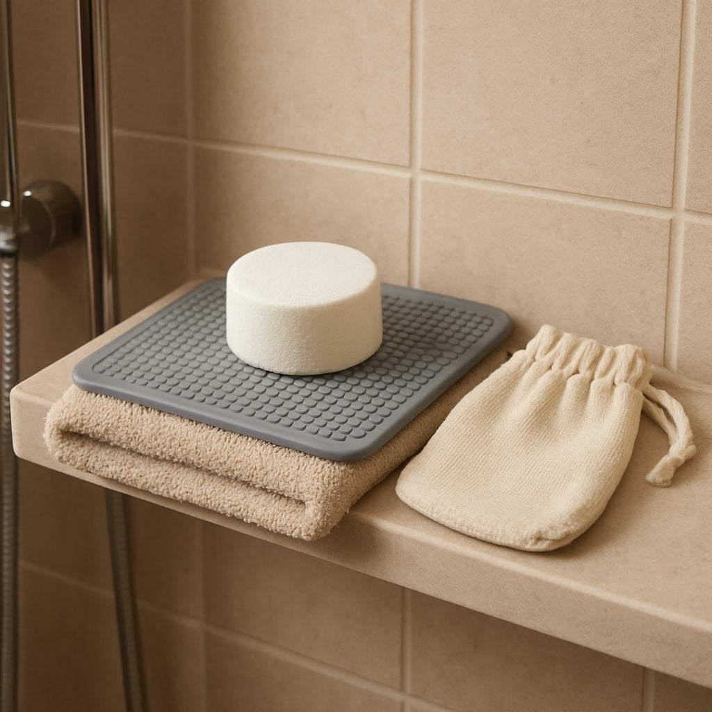 A cozy bathroom scene with a silicone mat on the shower shelf holding a single shower steamer, a folded microfiber towel underneath, and a cambric soap saver mitt nearby. Alt: How to store shower steamers properly for longer scent release.