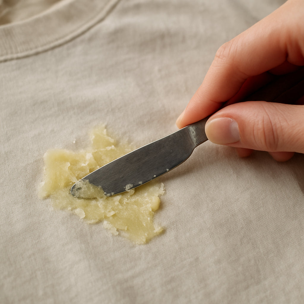 A close‑up of a hand holding a dull butter knife scraping hardened candle wax off a soft cotton shirt. Alt: "scrape hardened candle wax off fabric"