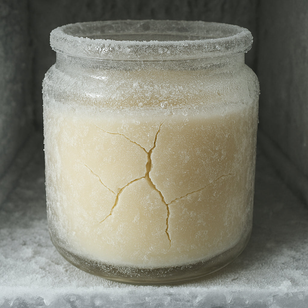 A close‑up of a glass candle jar sitting in a freezer with frost forming on the surface, showing the cracked wax ready to be removed. Alt: Freeze candle jar to crack wax