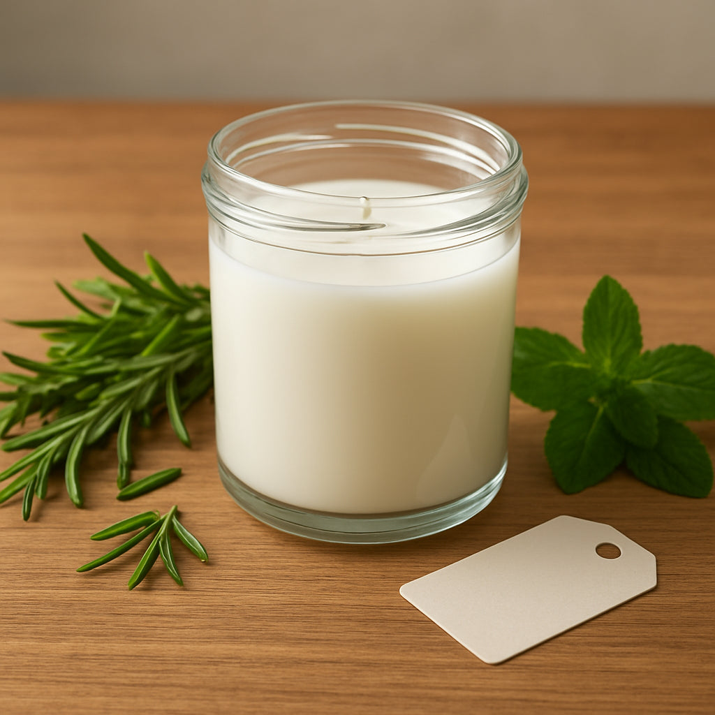 A bright, clean glass candle jar sitting on a wooden table, surrounded by fresh herbs and a small label, showcasing a repurposed container ready for a DIY project. Alt: Clean repurposed candle jar for DIY projects