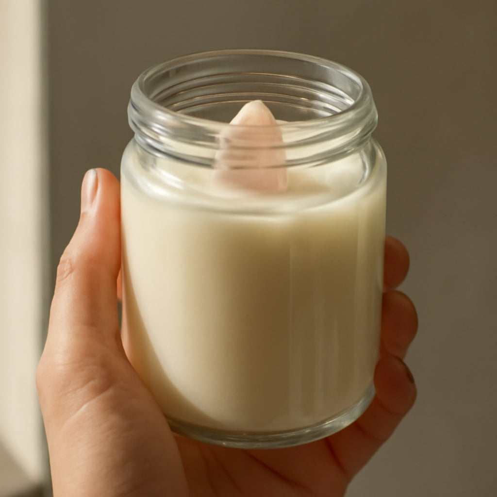 A close‑up of a hand holding a glass jar with a crystal‑topped soy candle, sunlight filtering through the glass. Alt: Candle in glass jar storage.