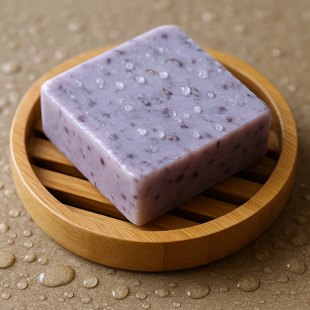 A close‑up of a handcrafted lavender soap resting on a bamboo slatted dish, with droplets of water glistening on the surrounding surface. Alt: bamboo soap dish keeps handmade soap dry and firm.