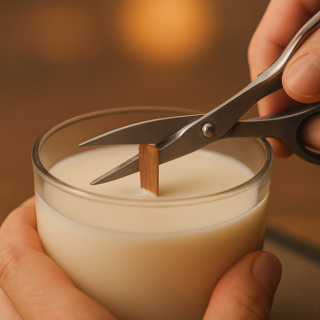 A close‑up of a wooden candle wick being trimmed with stainless steel scissors on a silicone mat, soft ambient lighting in the background. Alt: How to trim wood wick candle tools and process.