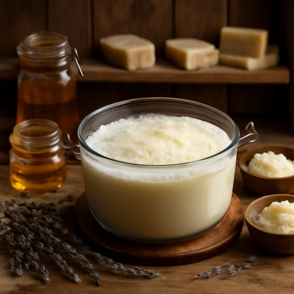 A rustic soap studio with a wooden counter, a bubbling cauldron of goat milk soap in a heat‑proof glass pot, surrounded by dried lavender sprigs, honey jars, and small bowls of shea butter. Alt: Goat milk soap making process illustration.