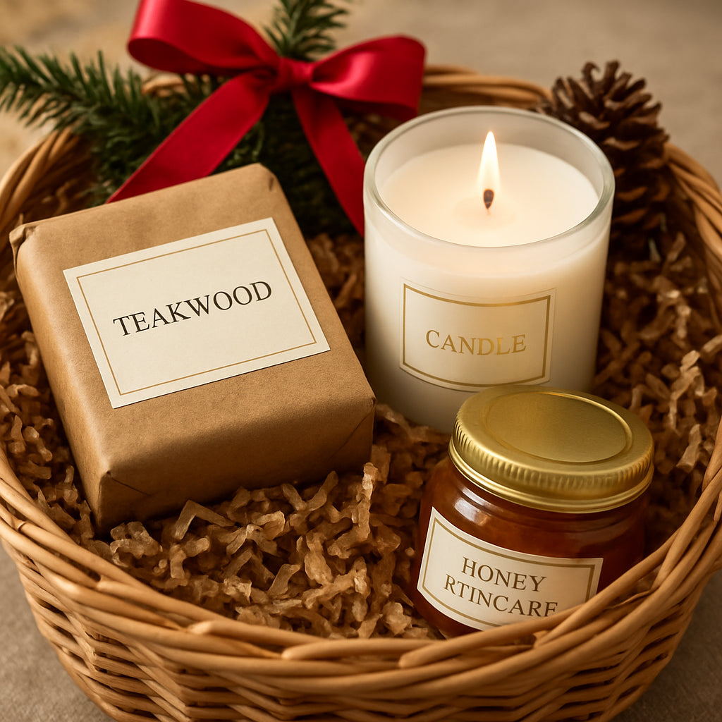 A cozy holiday gift basket featuring a teakwood soap bar, a gemstone‑topped candle, and a jar of honey‑infused skincare. Alt: Luxury Holiday gifting theme basket with natural ingredients and elegant packaging.