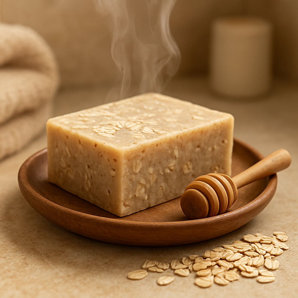A close-up of a handcrafted oatmeal soap bar on a wooden dish, soft steam rising in a cozy bathroom setting, oats and a small honey dipper beside the bar. Alt: Oatmeal soap for itchy skin in a warm bathroom setting showing texture and natural ingredients.