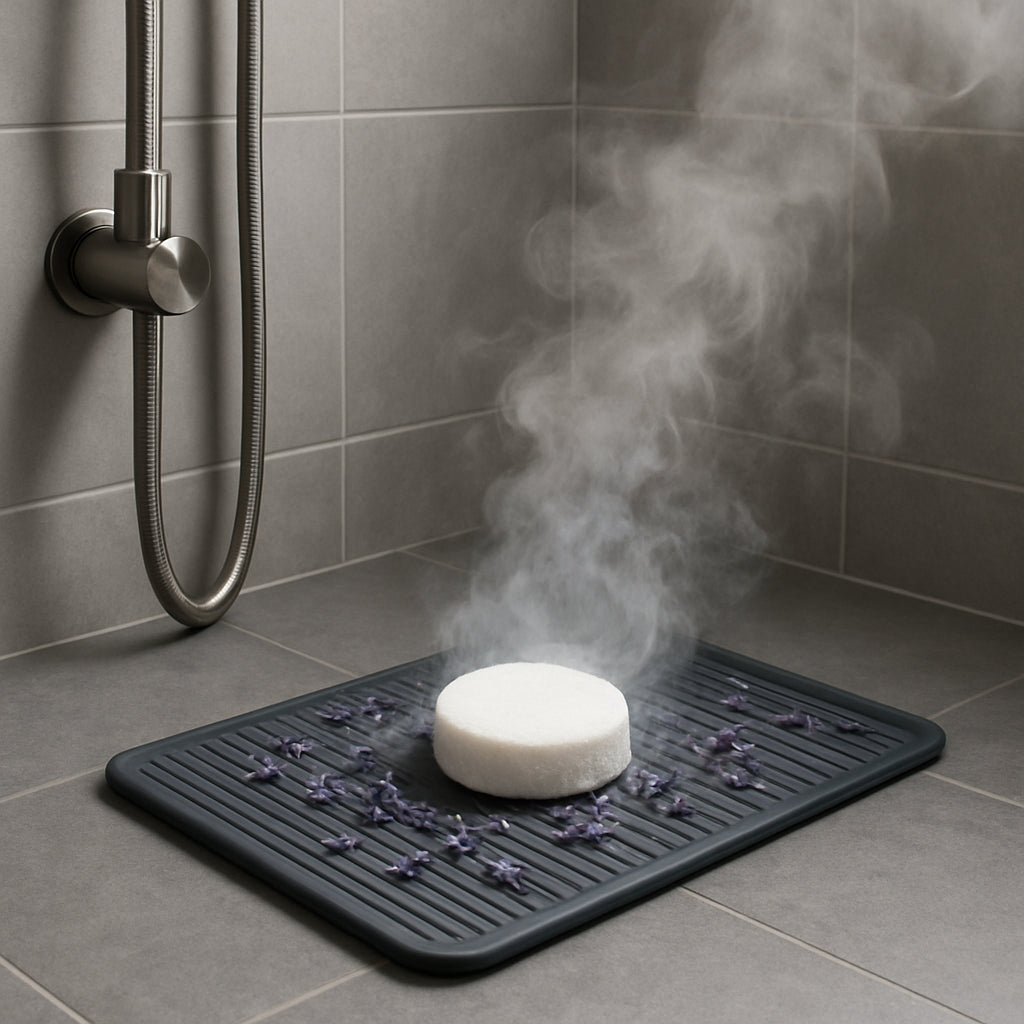 A sleek bathroom shower stall with a single white shower steamer fizzing on a silicone mat, steam curling around lavender buds. Alt: Shower steamers ingredients and benefits visual guide.