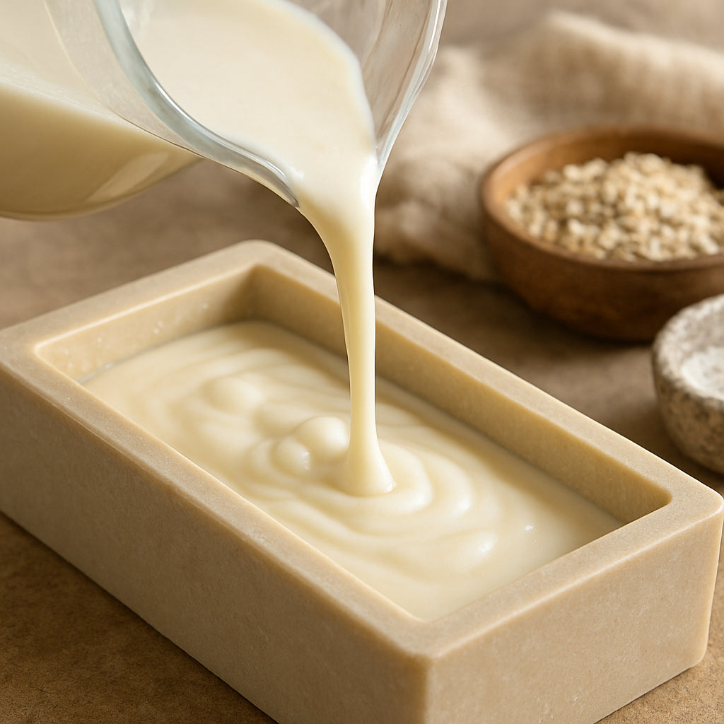 Close-up of fresh goat milk being poured into a soap mold, highlighting creamy texture and natural ingredients. Alt: goat milk soap nutrient profile