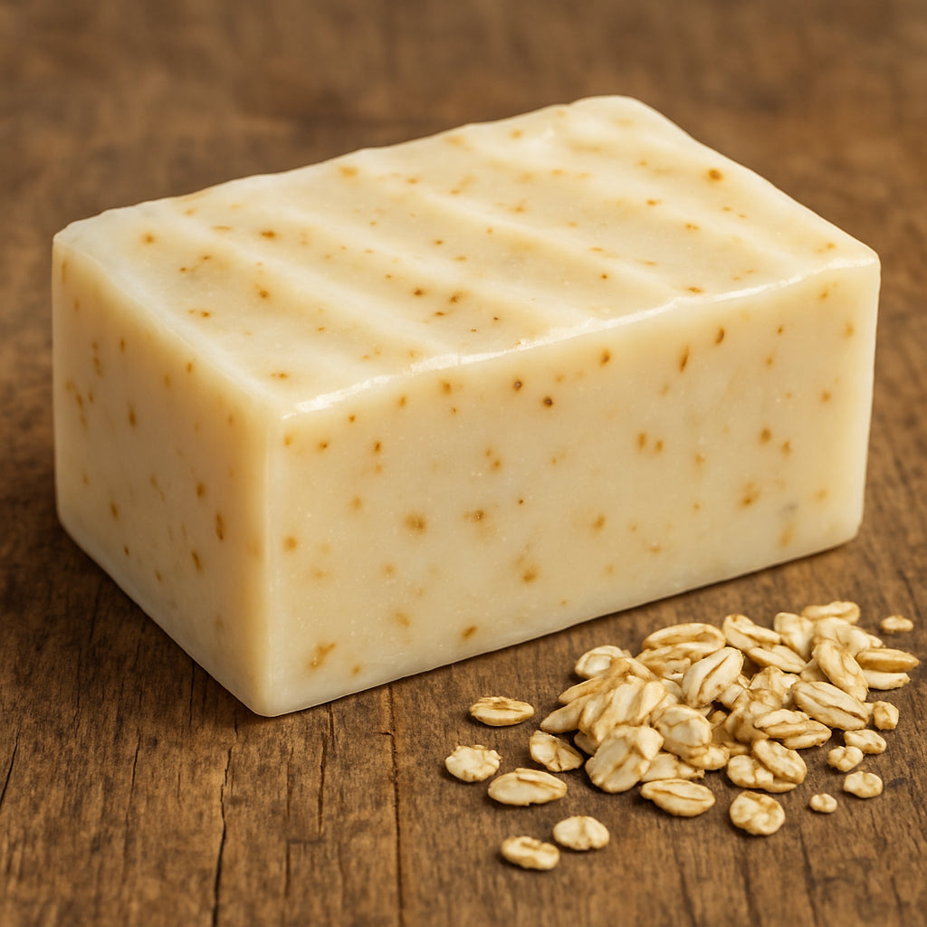 A close‑up of a creamy goat milk soap bar with honey and oatmeal specks on a rustic wooden board. Alt: "goat milk soap gentle for eczema skin, creamy texture, natural ingredients"
