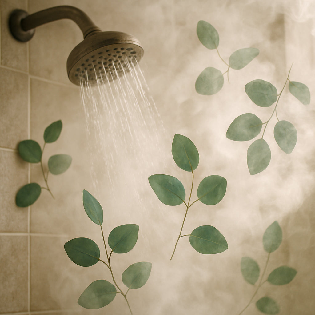 A steaming shower with eucalyptus leaves floating in the vapor, highlighting the aromatic steam. Alt: eucalyptus shower steamer aromatherapy benefits