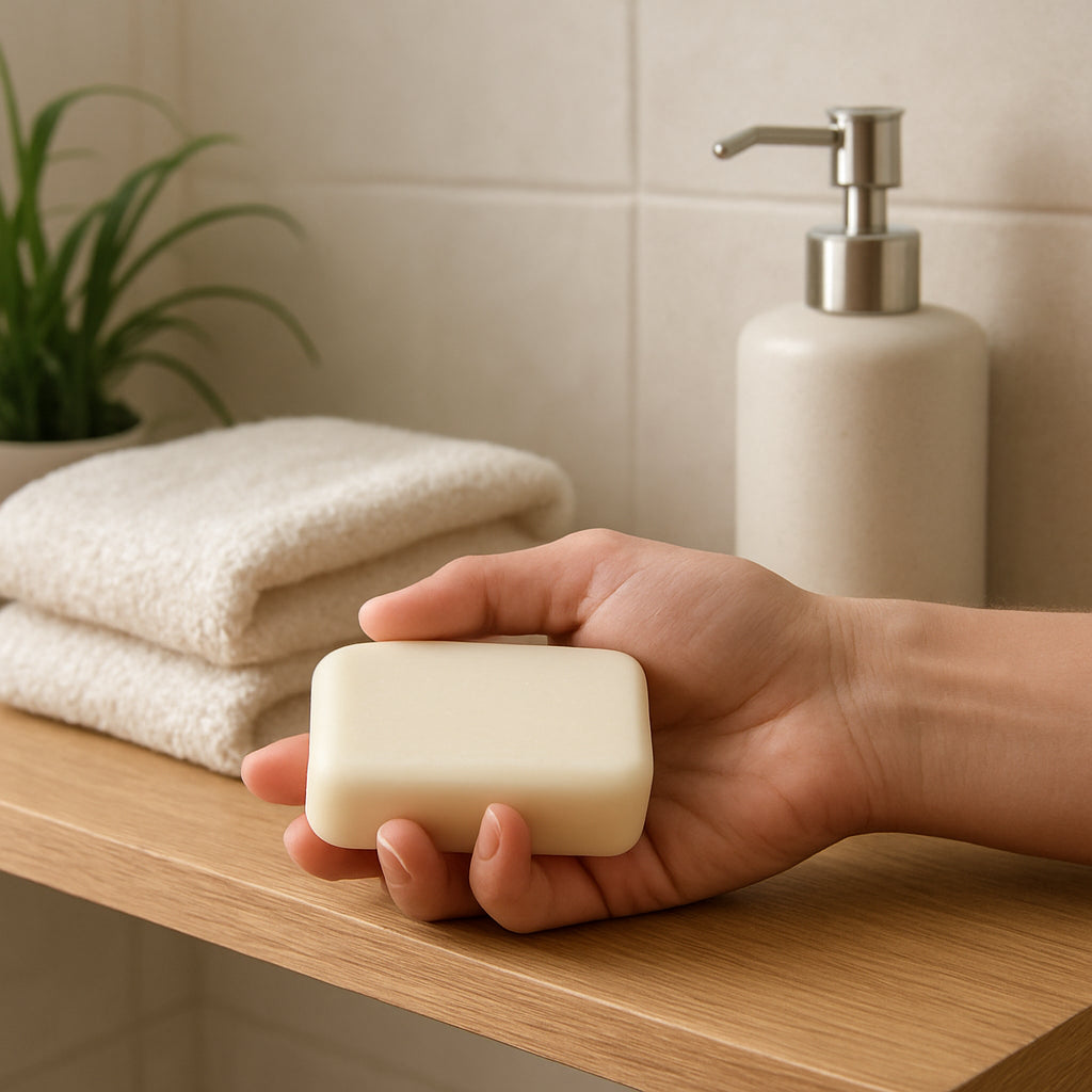 A serene bathroom scene with a hand holding an unscented, creamy soap bar on a wooden shelf. Alt: Unscented soap for sensitive skin, gentle cleansing, natural ingredients.