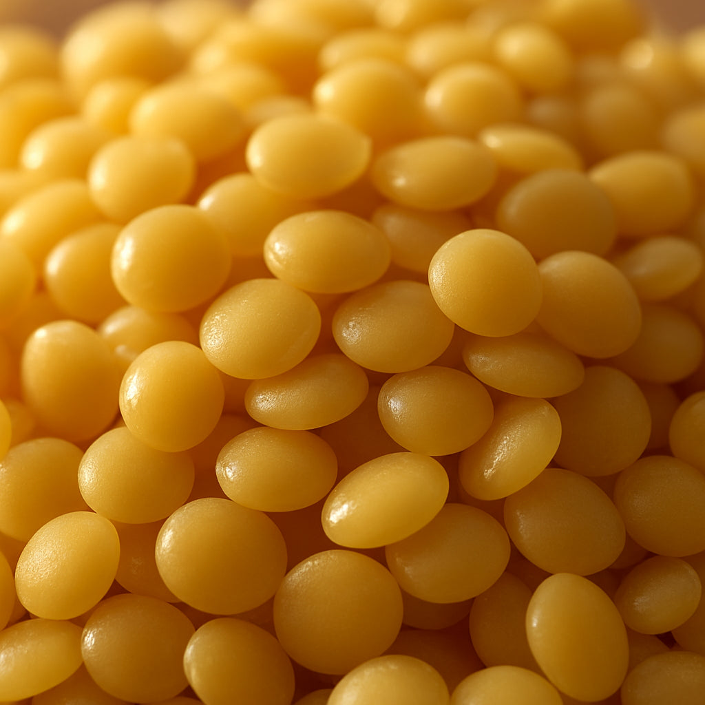 A close‑up of golden soy wax pellets shimmering in soft light, showing the smooth texture and natural hue. Alt: Soy wax pellets for candle making