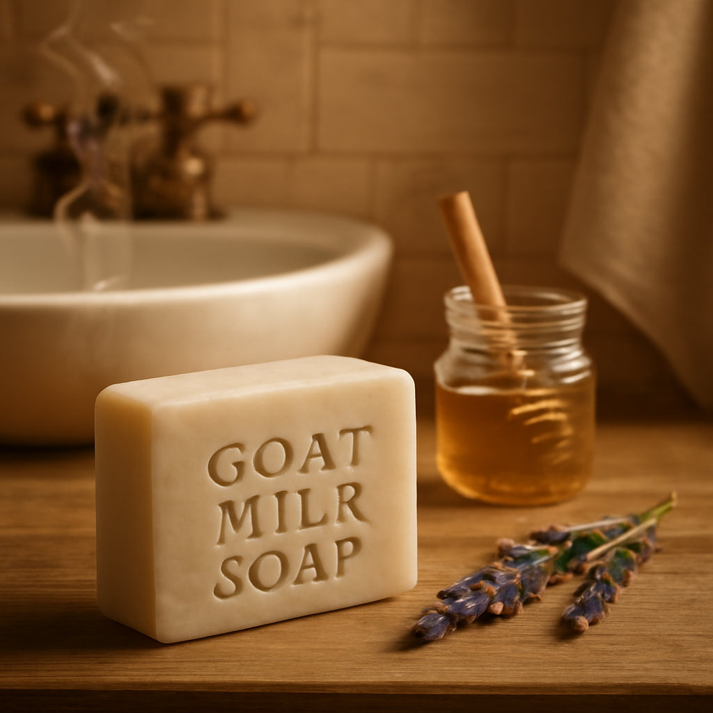 A warm, inviting bathroom scene with a soft bar of goat milk soap on a wooden counter. The image shows a gentle steam curl, a lavender sprig, and a small jar of honey. Alt: Goat Milk Soap in a Rustic Bathroom Setting.