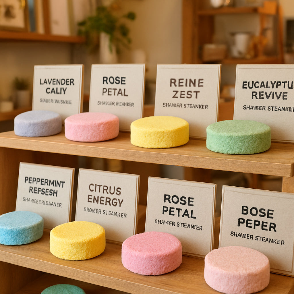 A bright, welcoming boutique shelf filled with colorful, handcrafted shower steamers, each labeled with a scent name like "Lavender Calm" and "Eucalyptus Revive". Alt: Local boutique with artisan shower steamers for "shower steamers near me".