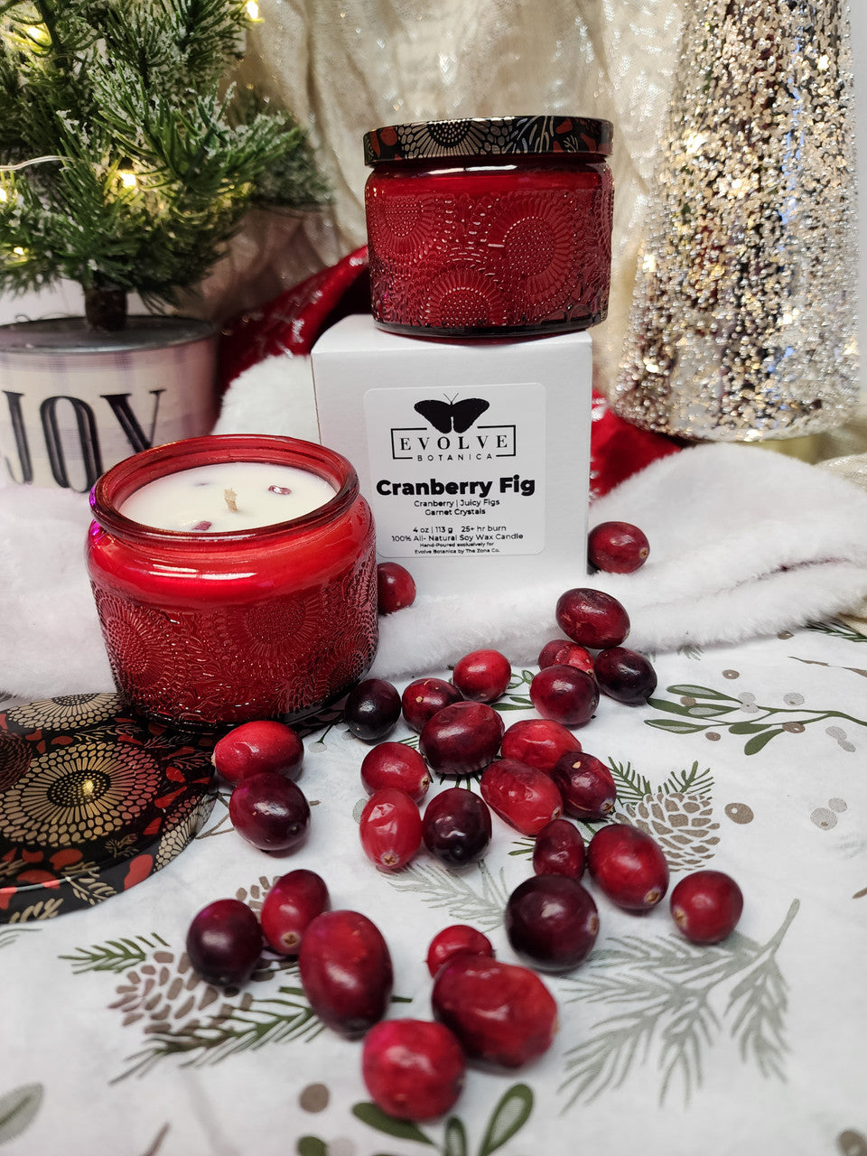 Cranberry Fig  - 4 oz Soy Candle (Embossed Glass Jar) Evolve Botanica