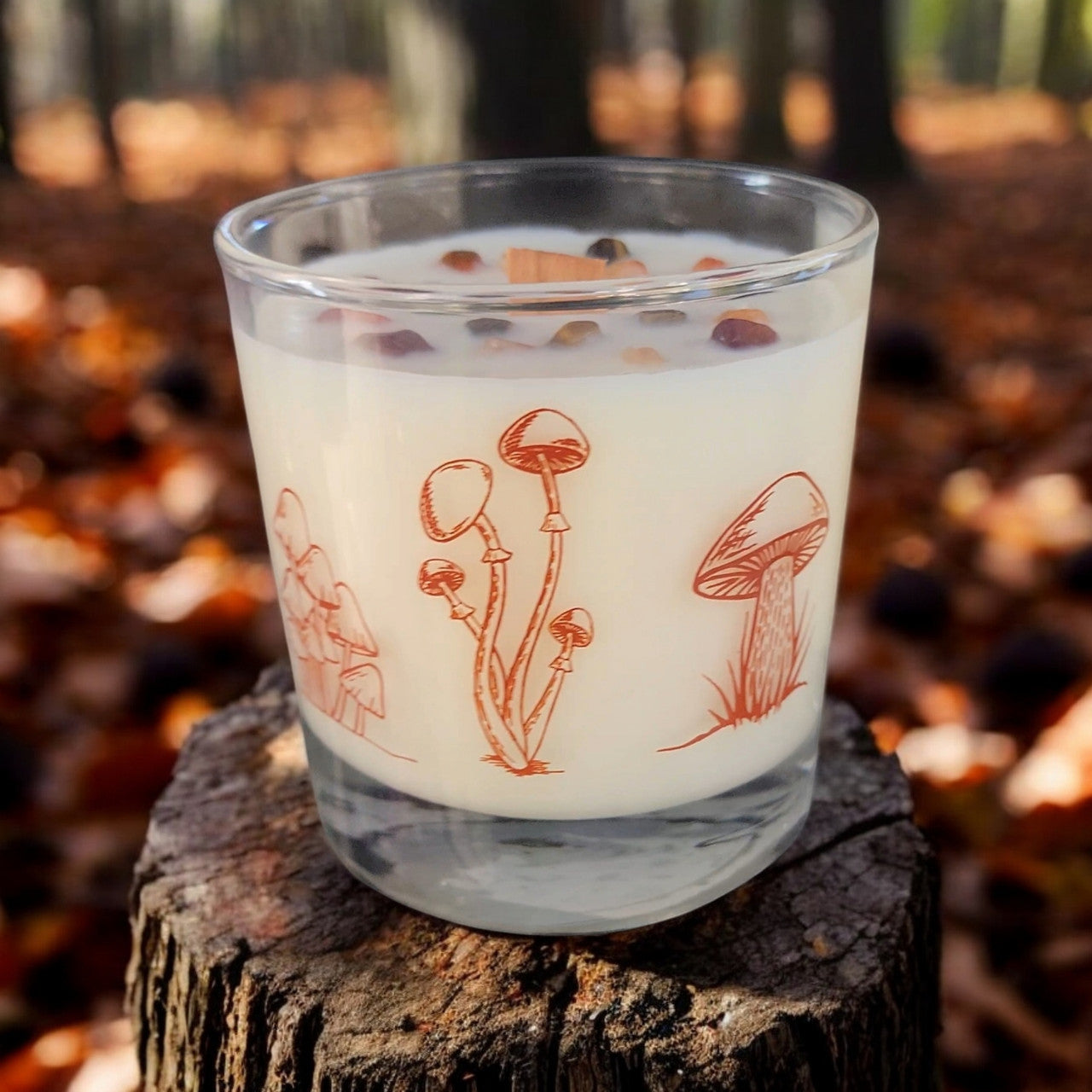 Whiskey Glass Wood Wick Crystal Soy Candle - Fireside Cider (Carnelian & Tigers Eye)