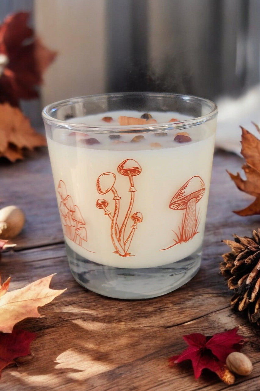 Whiskey Glass Wood Wick Crystal Soy Candle - Fireside Cider (Carnelian & Tigers Eye)