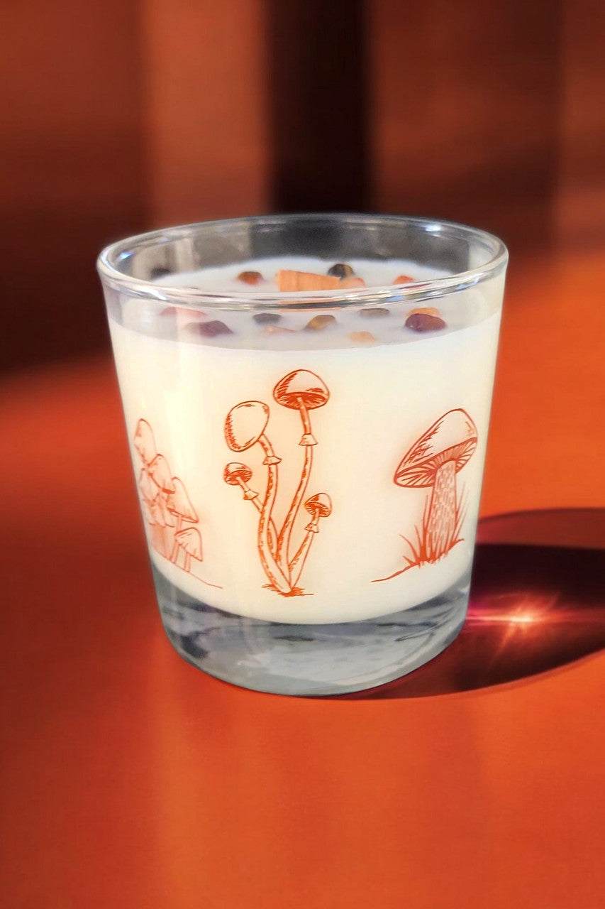 Whiskey Glass Wood Wick Crystal Soy Candle - Fireside Cider (Carnelian & Tigers Eye)