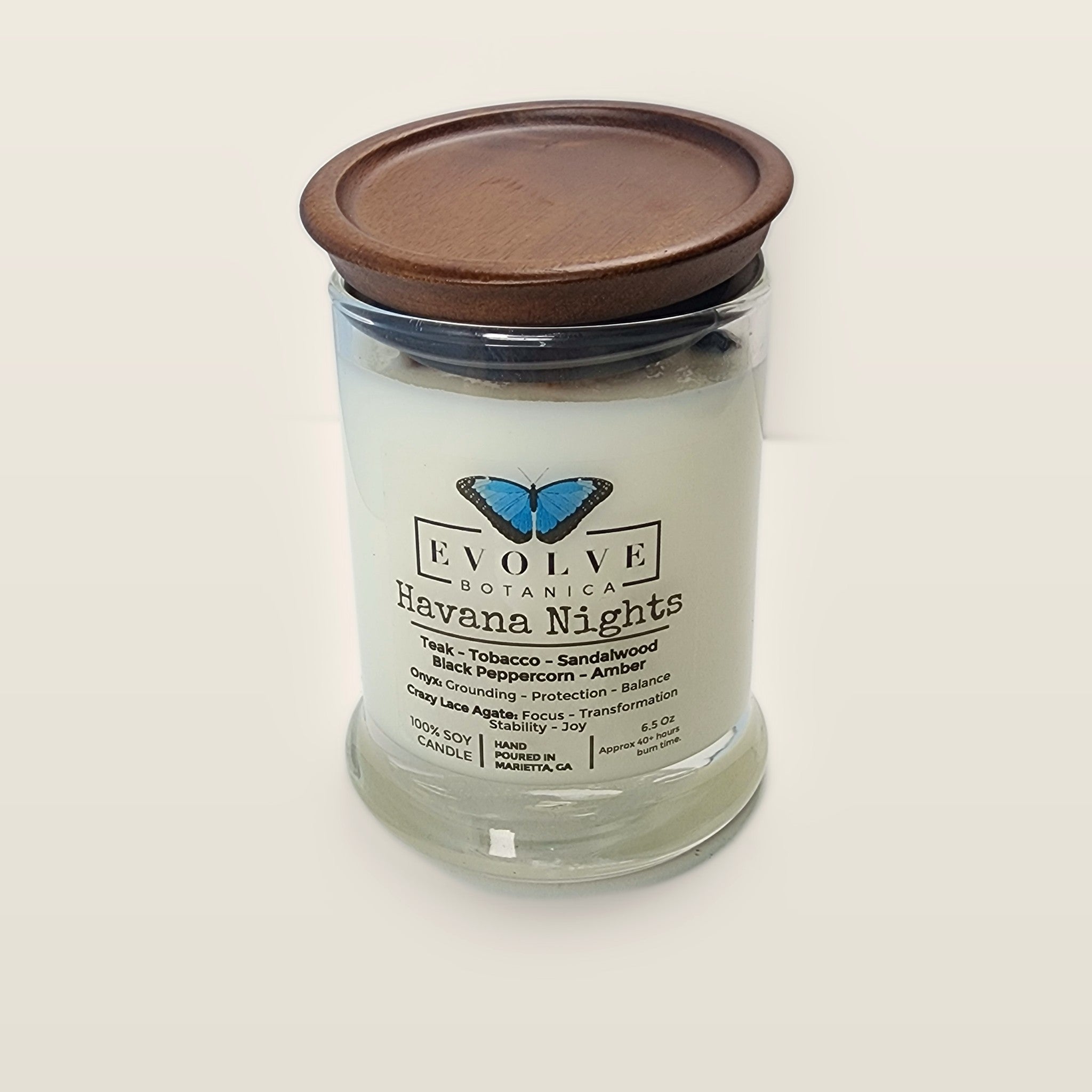 Evolve Botanica Havana Nights 6.5 oz soy sipper candle with wood lid, hand-poured in Marietta GA