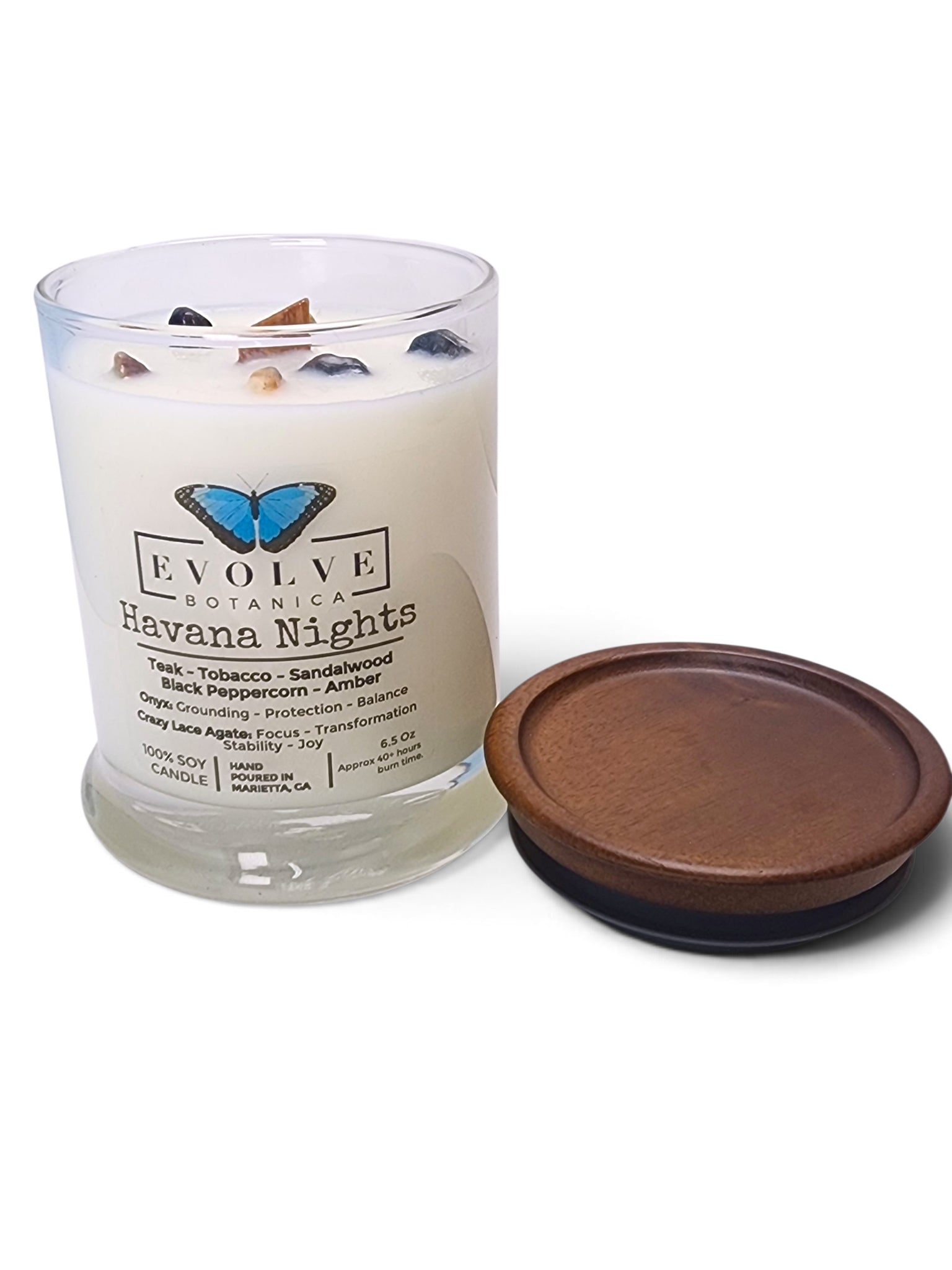 Evolve Botanica Havana Nights 6.5 oz soy sipper candle, crystal candle on white background, hand-poured in Marietta GA
