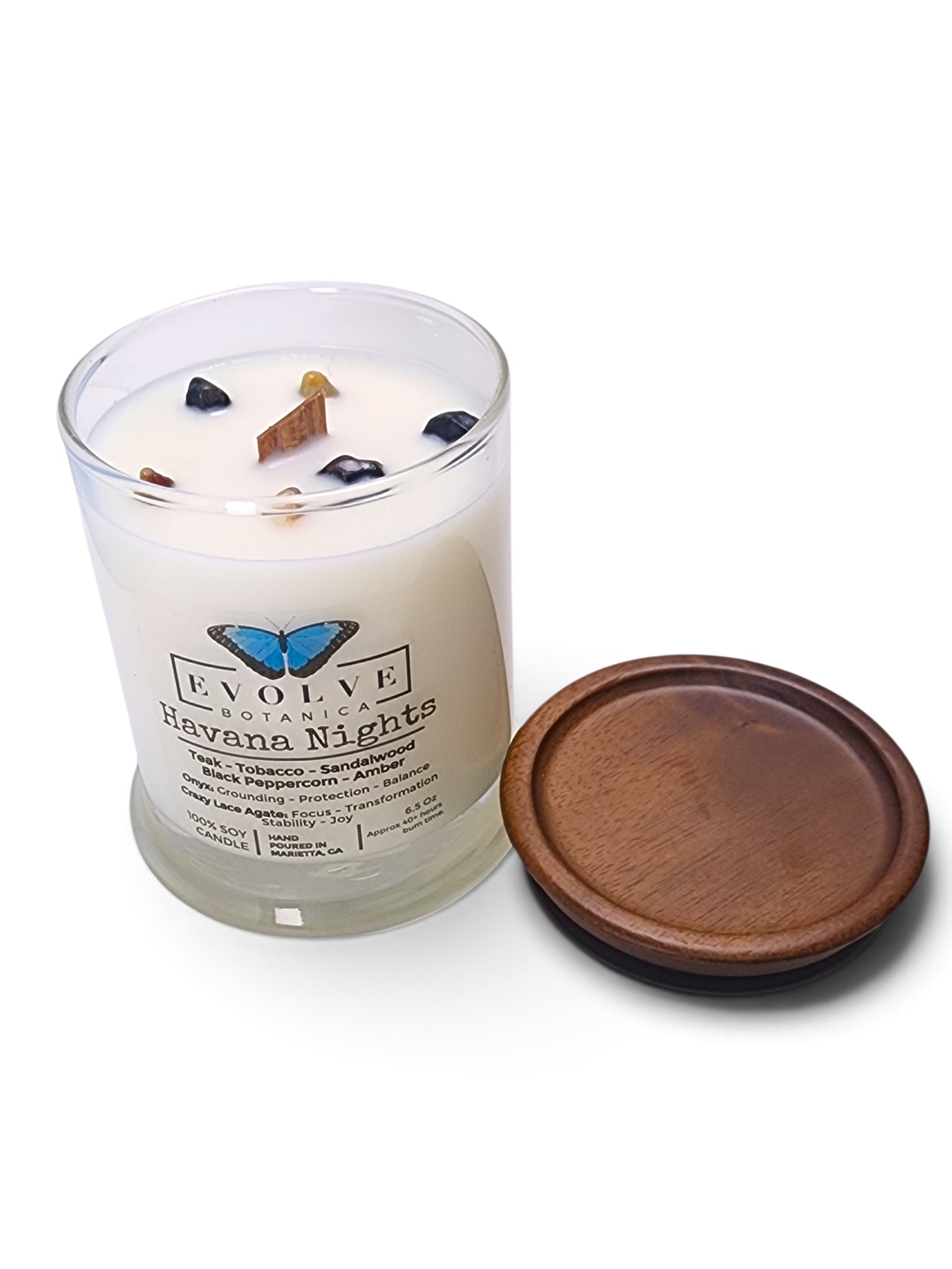 Evolve Botanica Havana Nights 6.5 oz soy sipper candle, crystal candle on white background, hand-poured in Marietta GA